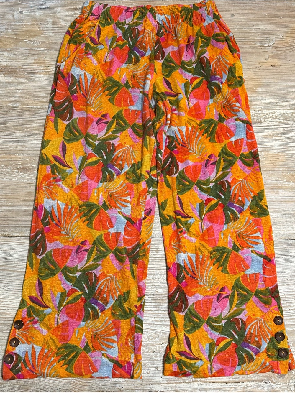 C&C California 100% Linen Colorful Tropical Print Wide-Leg Pants Button Cuff S